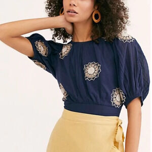 Free People My Girl Navy Bohemian puff sleeve Embroidered Blouse. Size XS